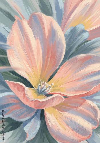 Abstract floral oil painting background with pastel peach and blue petals.