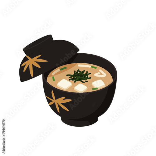 Miso soup with tofu and seaweed in lacquered bowl, cartoon, brown black white, Japanese cuisine