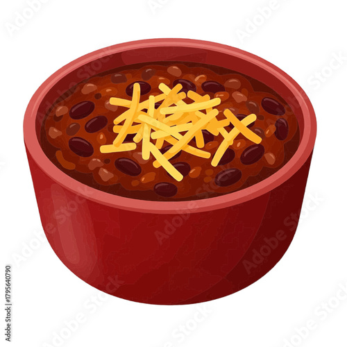 Chili con carne with cheese in red bowl, cartoon style, dark brown red yellow, Tex Mex dish
