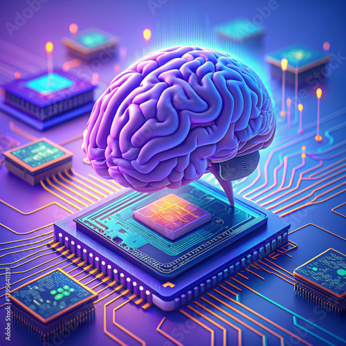 Futuristic 3D visual of an AI microchip or CPU on a circuit board, symbolizing data processing, machine learning, and technological innovation in a bright, ethereal environment