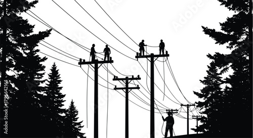 Silhouette utility workers climbing and repairing power poles with safety gear, electrical wire