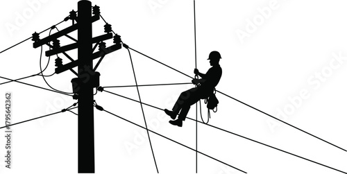 Silhouette utility worker suspended with safety harness, ropes, electrical power lines, insulator