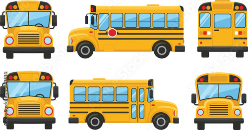 Yellow school bus vector illustration, multiple angle views, transportation vehicle design for education, children safety, traffic awareness, and public transit graphics