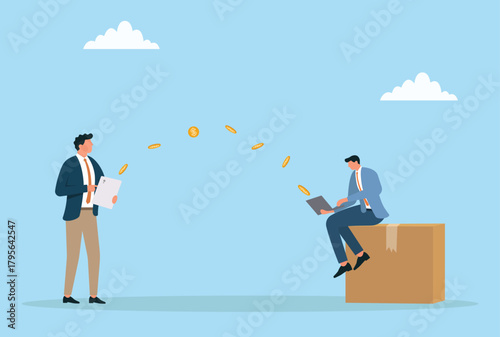 Vector illustration of a two businessmen transferring digital payments while collaborating remotely, illustrating modern money flow and online financial interaction
