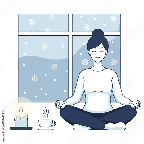 Woman meditating peacefully by a window during a snowy winter day