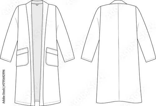 Women's long sleeve open front coat flat sketch with patch pockets, outerwear technical fashion drawing template for clothing design