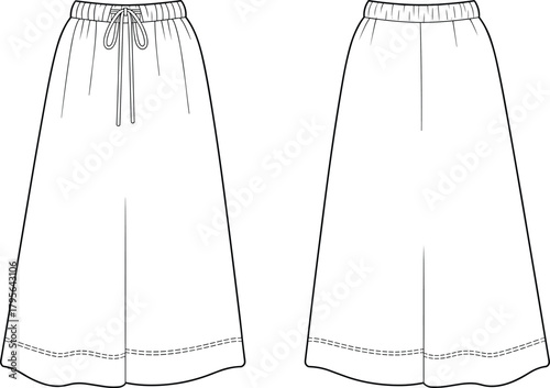 Women’s wide leg culottes technical flat sketch front and back view with drawstring waistband and hem detail, fashion design template, cad drawing flat vector illustration