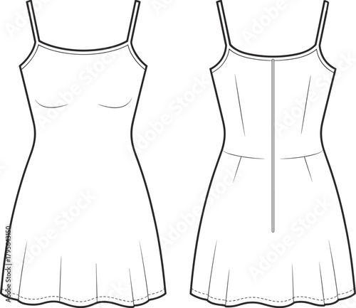 Women's A-Line Slip Dress CAD Drawing Flat Sketch Vector Illustration Fashion Technical Template Mockup Style