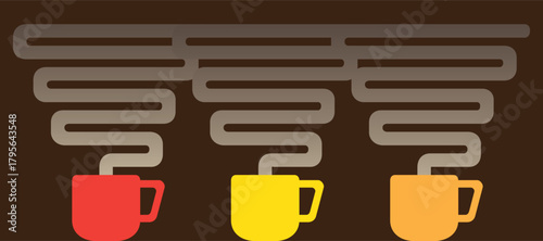 Three colorful steaming coffee mugs on brown background
