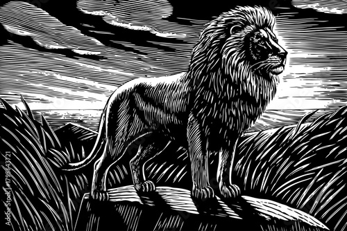 powerful male lion stands proudly black and white on a high rock, mane blowing in warm wind under golden sunlight, expressing dominance and pure wilderness energy