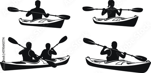 kayak, paddler, silhouette, icon, vector, black, sport, water, outdoor, gear, equipment, adventure, activity, boat, tandem