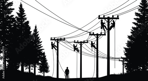 Silhouette utility workers climbing poles in forest landscape, repairing electrical power lines with teamwork and safety gear, vector illustration for energy infrastructure stock content