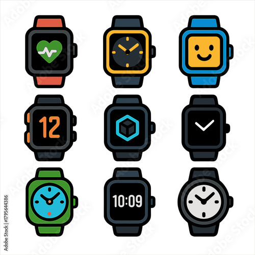 Colorful smartwatch icons with minimalist and playful designs