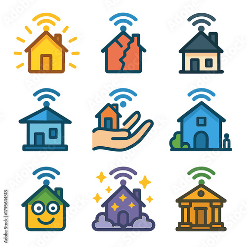 Smart home technology icons depicting various features and house styles