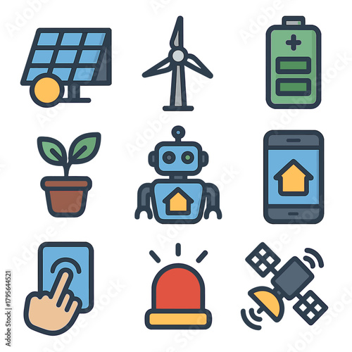 Smart home technology icons: renewable energy, automation, and ai