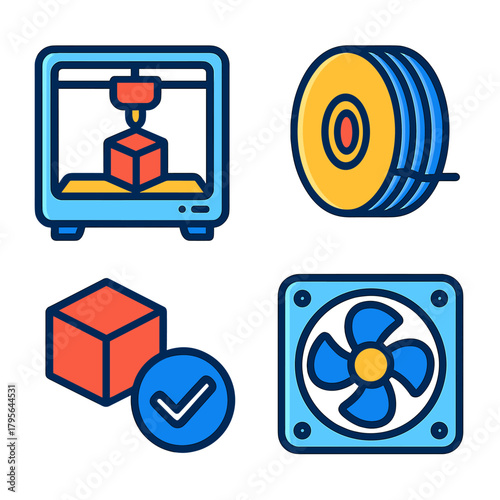 3d printing icons: cube, filament, cooling fan, quality check