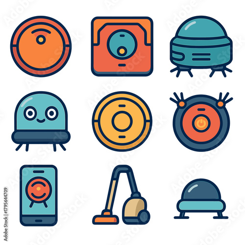 Colorful robotic vacuum icons set for smart home cleaning technology