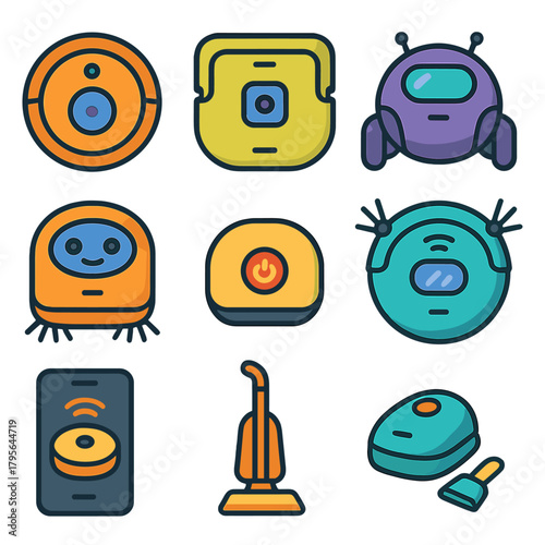 Colorful robot vacuum icons in modern line art style