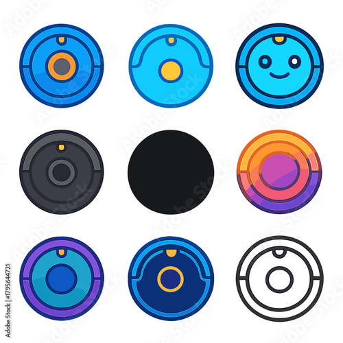 Colorful robotic vacuum icons on gradient background