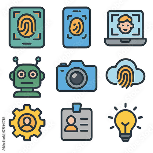 Colorful icons of biometric technology and digital security solutions