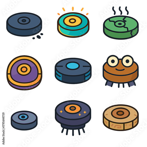 Colorful robotic vacuum cleaners with unique designs and expressive features
