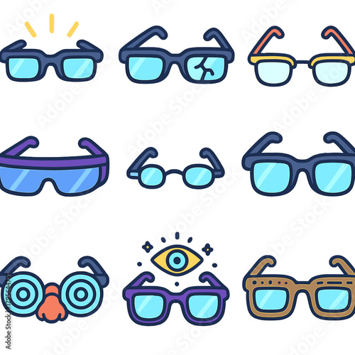 Set of colorful cartoon glasses icons with unique styles and decorative elements