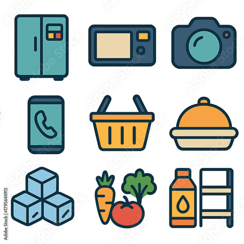 Modern home appliance and grocery icon set for contemporary living