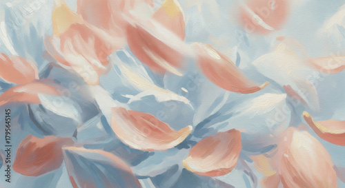 Abstract floral oil painting background with pastel peach and blue petals.