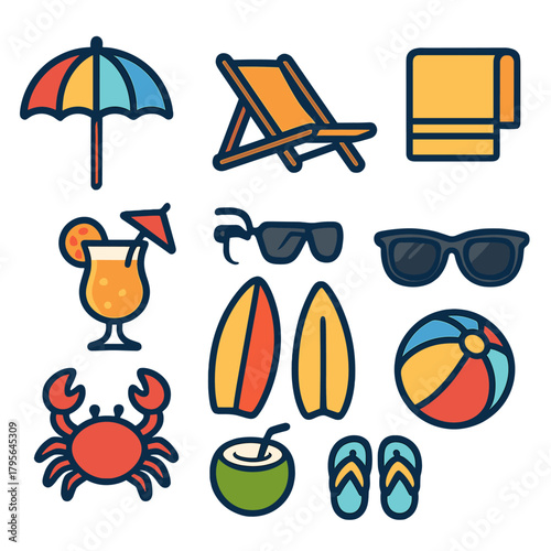 Colorful summer icons featuring beach chair, umbrella, surfboards, sunglasses