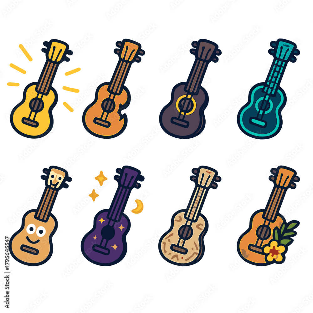 Naklejka premium Colorful ukulele icons set featuring various designs and styles