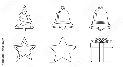 Simple hand drawn outline christmas icons featuring a tree bells stars and a gift box