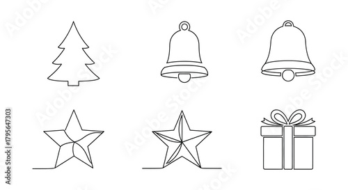 Simple hand drawn outline christmas icons including tree bells star and gift box