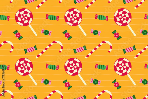 Candy canes, lollipops, and wrapped candies on a bright yellow background. Perfect for sweet-themed packaging, holiday crafts, party prints, and children’s designs.