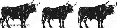 bull, silhouette, icon, vector, black, animal, strong, horn, muscular, livestock, power, wild, stance, trio, symbol