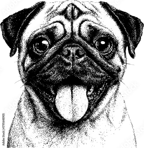 Mops retro xerography engraving portrait with wrinkled muzzle and playful tongue out, isolated on transparent background.