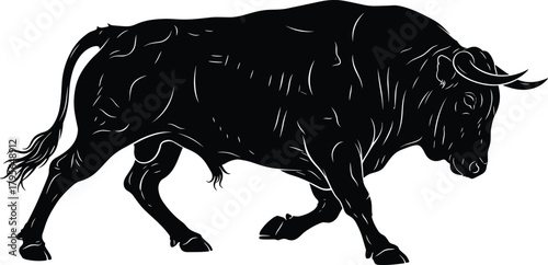 bull, silhouette, icon, vector, black, animal, aggressive, charge, power, strong, muscular, horn, wild, dynamic, symbol