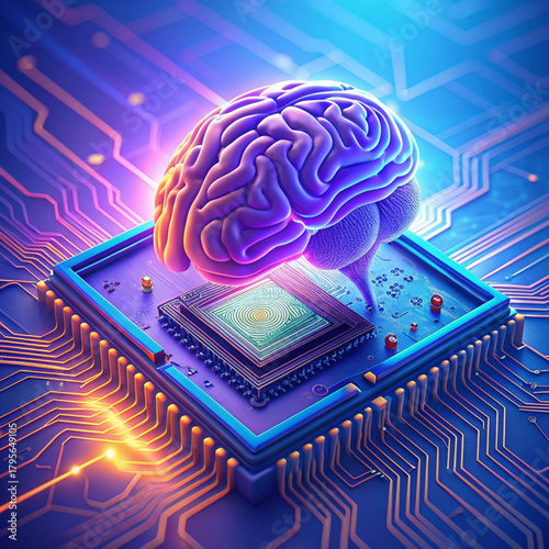 Futuristic 3D visual of an AI microchip or CPU on a circuit board, symbolizing data processing, machine learning, and technological innovation in a bright, ethereal environment
