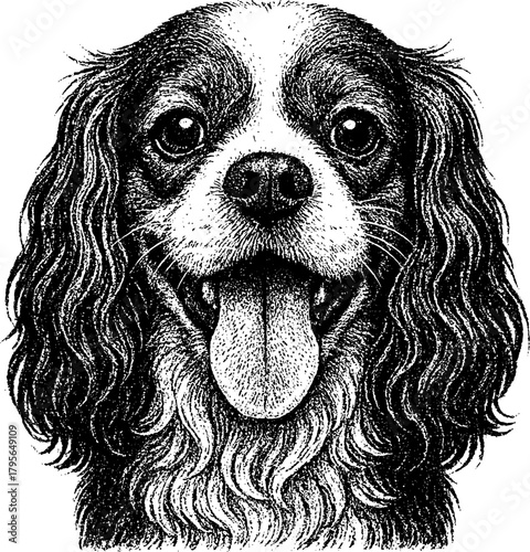 Cavalier King Charles Spaniel portrait in retro xerography engraving style with curly ears, soft shading and high contrast, isolated on transparent background.