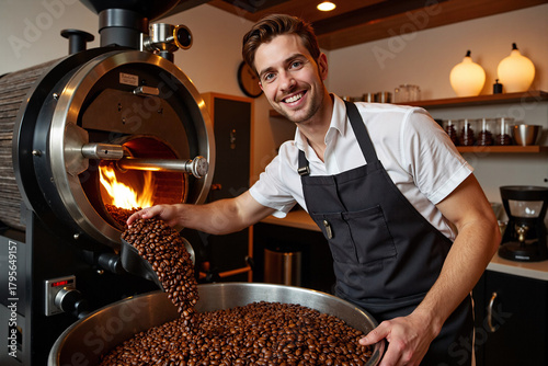 Happy male roaster in an apron, smiling as he pours fresh, hot coffee beans from an industrial roasting machine in his craft cafe. This image represents small business, artisan craft