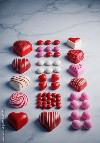 Elegant display of sweet heart chocolates and candies on a cold marble background, capturing the essence of romantic celebration, surprise, close up, passion