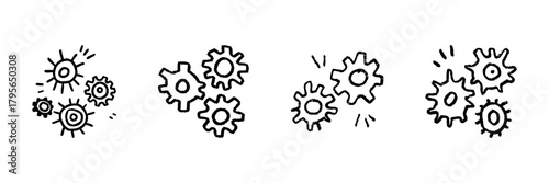 Gears And Cogs Line Icon Set In Doodle Style. Mechanical Engineering, Process Optimization, And Industrial Machinery Outline Sketch Collection. Hand Drawn Isolated Vector Illustration