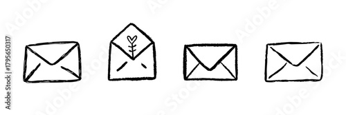 Envelope Line Icon Set In Doodle Style. Communication, Correspondence, And Mail Delivery Outline Sketch Collection. Hand Drawn Isolated Vector Illustration