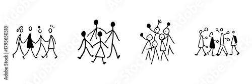 Stick Figure Group Activities Line Icon Set In Doodle Style. Community Engagement, Teamwork, And Social Interaction Outline Sketch Collection. Hand Drawn Isolated Vector Illustration