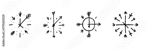 Arrow Directions Line Icon Set In Doodle Style. Navigation, Orientation, And Movement Indication Outline Sketch Collection. Hand Drawn Isolated Vector Illustration