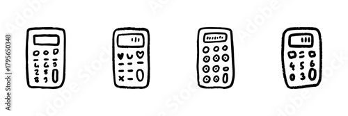 Four Calculator Line Icons In Doodle Style. Mathematical Operations And Financial Calculations Outline Sketch Collection. Hand Drawn Isolated Vector Illustration