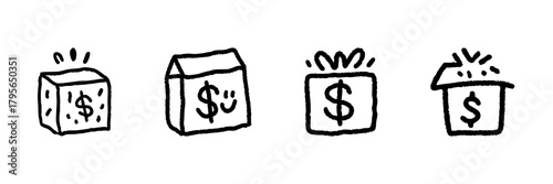 Gift Boxes With Dollar Signs Line Icon Set In Doodle Style. Financial Rewards, Savings, And Gift Giving Outline Sketch. Monetary Incentives And Surprises. Hand Drawn Isolated Vector Illustration