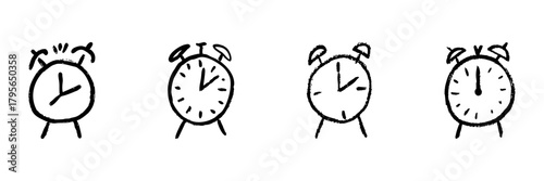Alarm Clock Line Icon Set In Doodle Style. Time Management, Wake-Up Routine, And Punctuality Outline Sketch Collection. Hand Drawn Isolated Vector Illustration