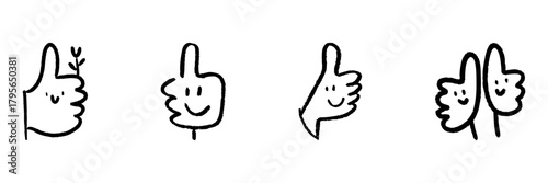 Thumbs Up With Smile Faces Line Icon Set In Doodle Style. Positive Feedback, Approval, And Encouragement Outline Sketch Collection. Hand Drawn Isolated Vector Illustration