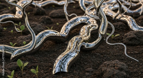 Abstract Metallic Tendrils Emerging from Earth - A Study in Texture and Form.