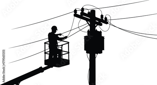 Utility worker on elevated platform, electrical maintenance vector illustration, power 